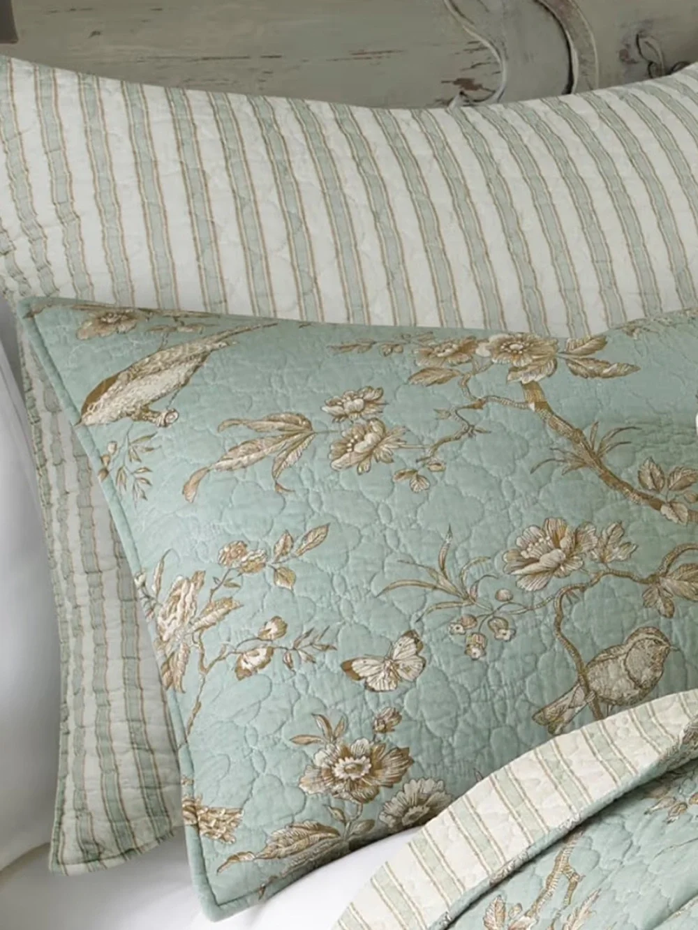 🆕 PB Style Reversible Coverlet Quilt Set Brown Stripes Sage Floral Bird Toile